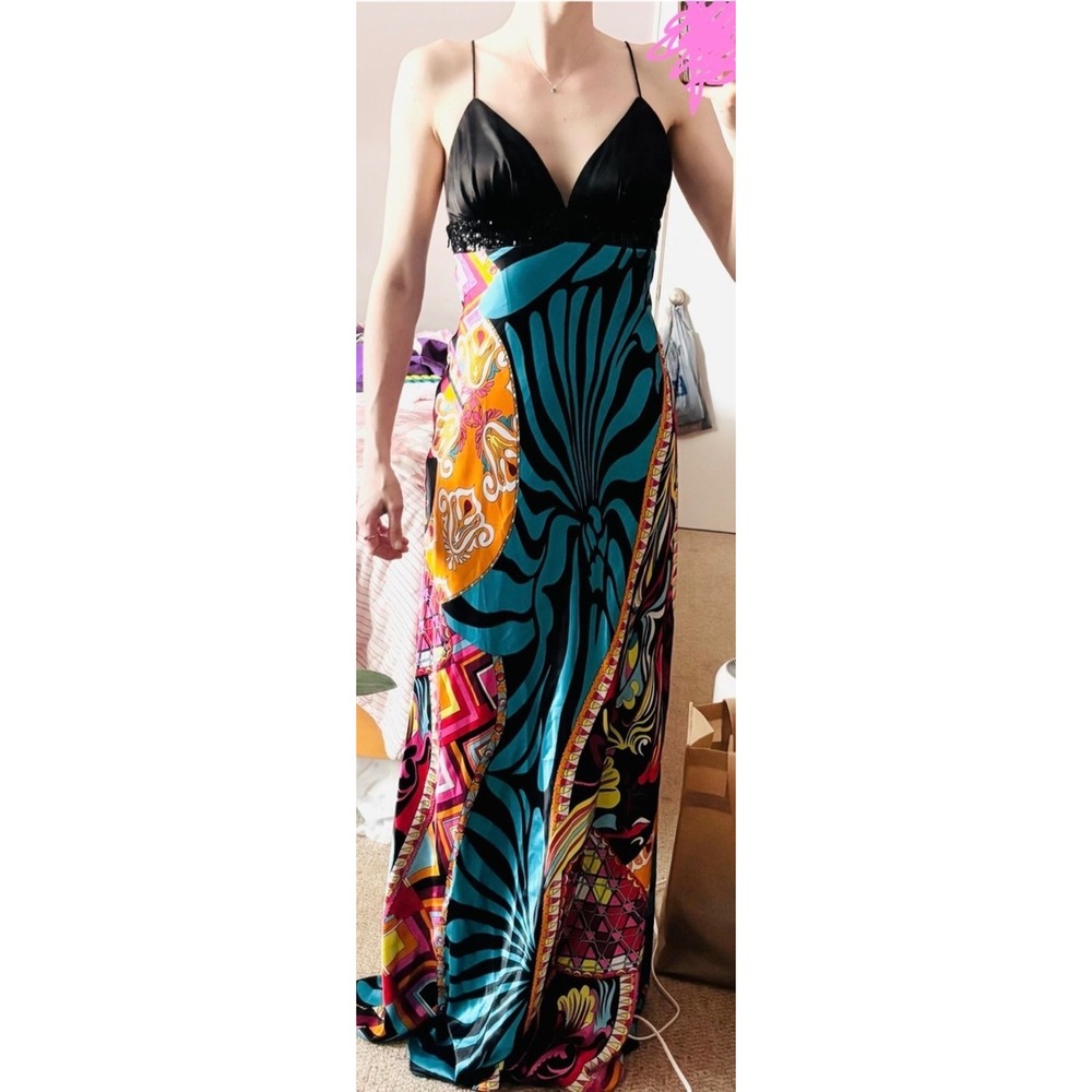 Faviana Couture Girls Psychedelic Print Sequin Empire Waist Maxi Dress Size 2